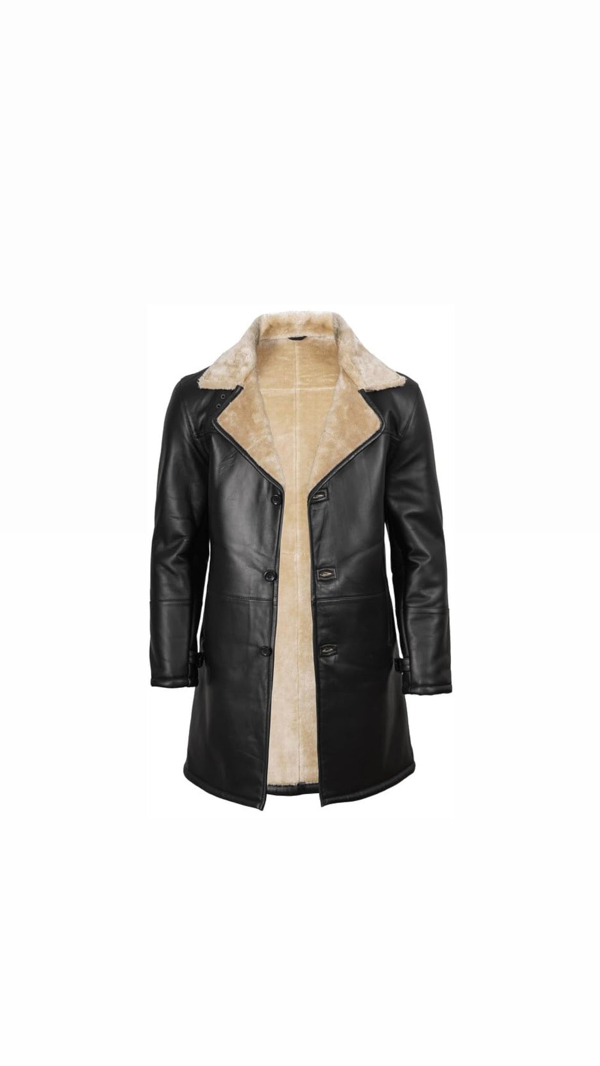 Black Shearling Collar Leather Overcoat
