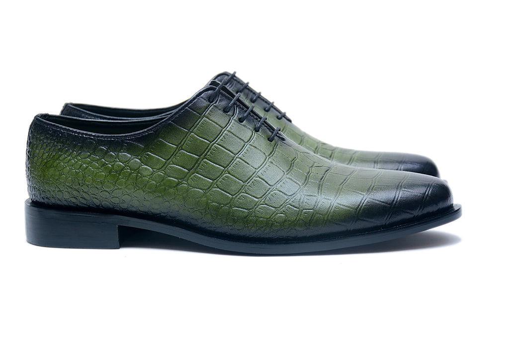Olive Croc-Embossed Leather Oxfords