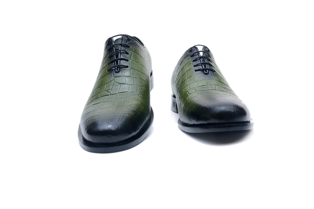 Olive Croc-Embossed Leather Oxfords