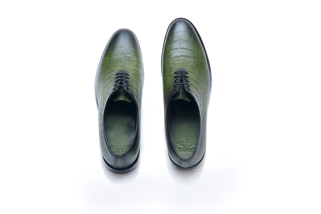 Olive Croc-Embossed Leather Oxfords
